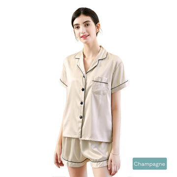 Premium 2pc Satin Short Women Pajamas Set Medium Champagne Soft Relaxed Fit