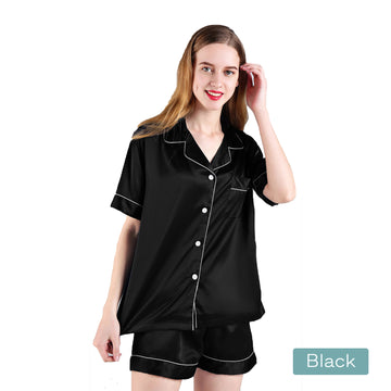 2pc Satin Short Women Pajamas Set 100% Polyester Small Black Soft Elastic Waist - SuperSaverAU - view 1