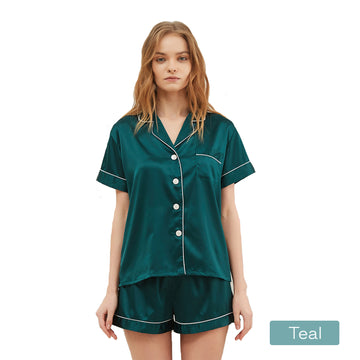 Premium 2pc Women's Satin Short Pajamas Set Small Teal with Elastic Waistband