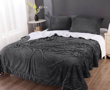 Stripe Flannel Sherpa Blanket Set - Queen Charcoal, 3D Stripe Design, Easy Care