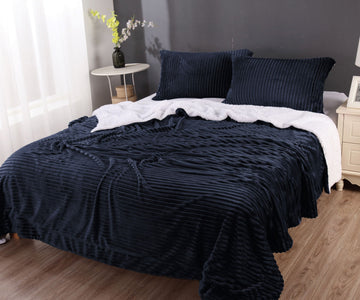 Stripe Flannel Sherpa Blanket Comforter Set, Queen, Charcoal, Multi-purpose
