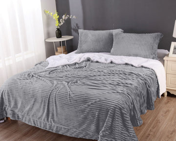 Stripe Flannel Sherpa Blanket Set Queen Silver - Cozy Microfiber Comforter - SuperSaverAU - view 1