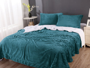 Stripe Flannel Sherpa Blanket Set, Queen, Teal, 3D Stripe Design, Easy Care - SuperSaverAU - view 1