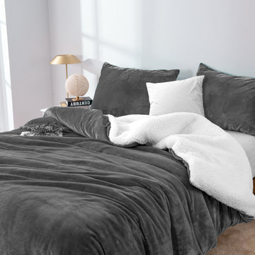 Charcoal 2 in 1 Teddy Sherpa Duvet Cover Set Queen - Microplush, Warm & Cozy - SuperSaverAU - view 1