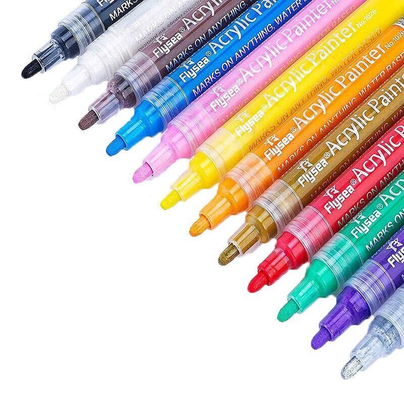 Flysea Acrylic Paint Pens – 12 Colour Set with 2-3mm Tips