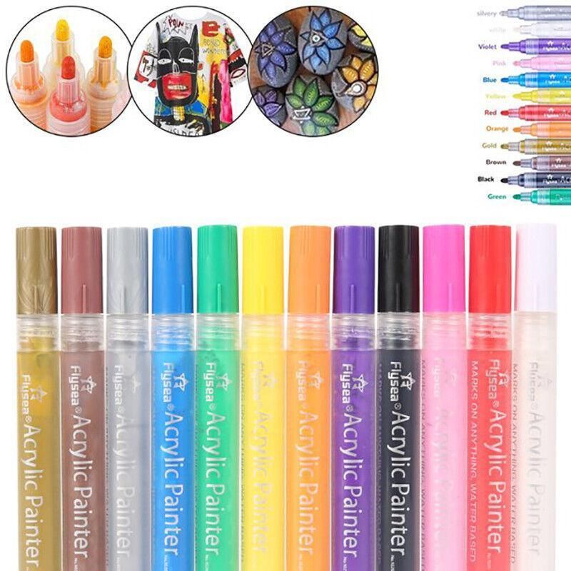 Flysea Acrylic Paint Pens – 12 Colour Set with 2-3mm Tips