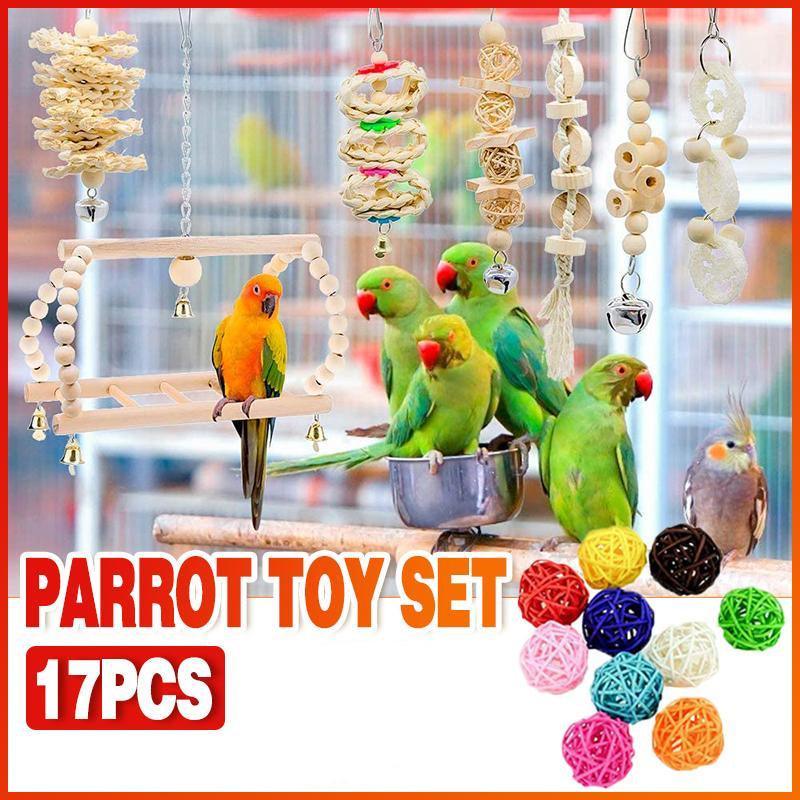 17PCS Parrot Toy Set - Natural Wood, Chewing, Swing, and Bell Toys for Birds - SuperSaverAU - view 1