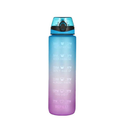 1L Water Bottle Drink Flask with Motivational Time Markers & Straw - Blue/Pink