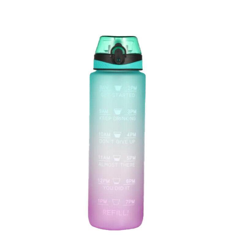 1L Water Bottle Drink Flask with Motivational Time Markers & Straw - Blue/Pink