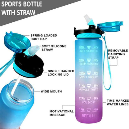 Premium 1L Water Bottle with Motivational Time Markings & Straw - Green+Purple