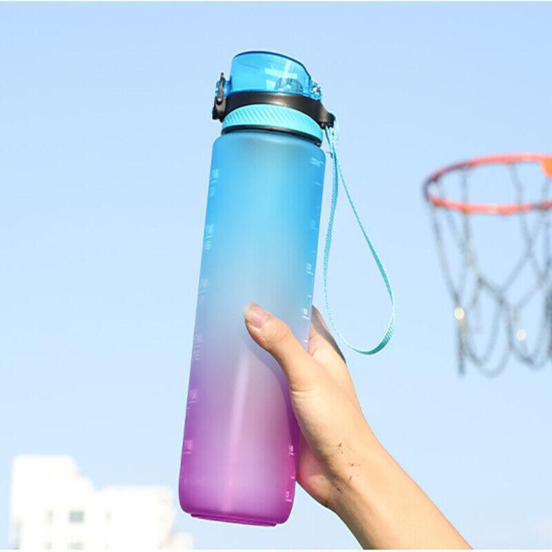 Premium 1L Water Bottle with Motivational Time Markings & Straw - Green+Purple