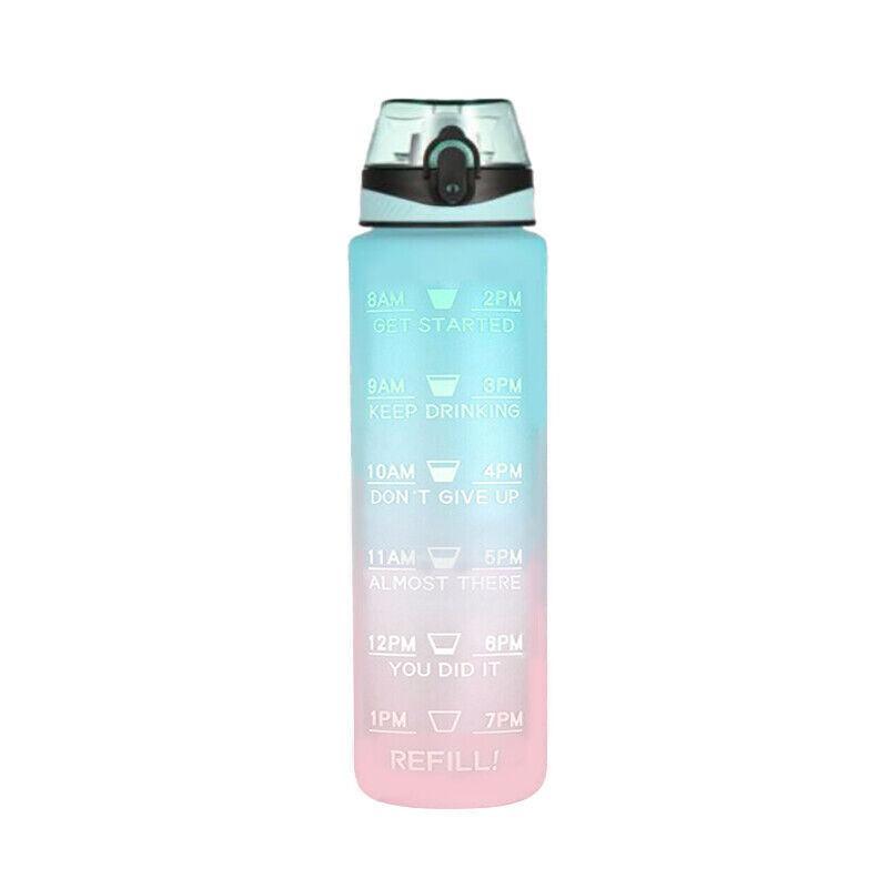Premium 1L Water Bottle with Motivational Time Markings & Straw - Green+Purple