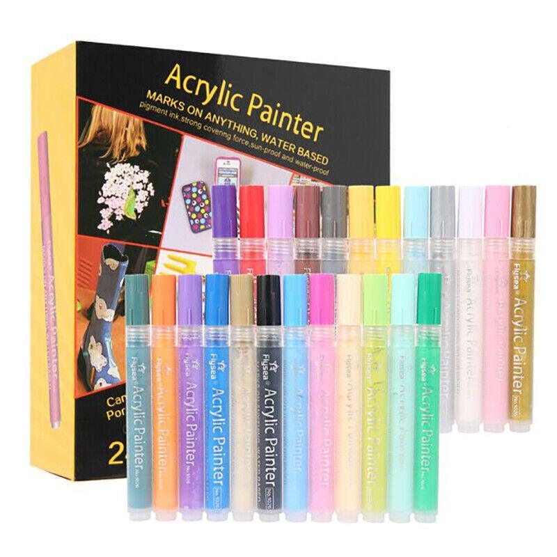 Flysea 24-Colour Acrylic Paint Pens Set - Non-Toxic, Fine Bullet Nib, Quick Drying