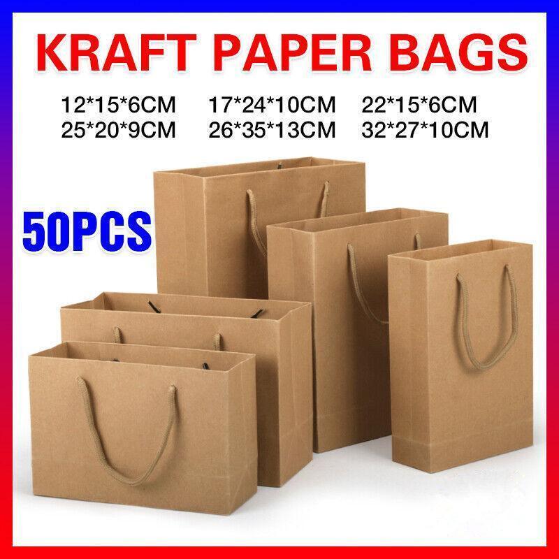 50X Kraft Paper Bags Gift Shopping Carry Craft Brown Bag With Handles - 50PCS  22*15*6CM
