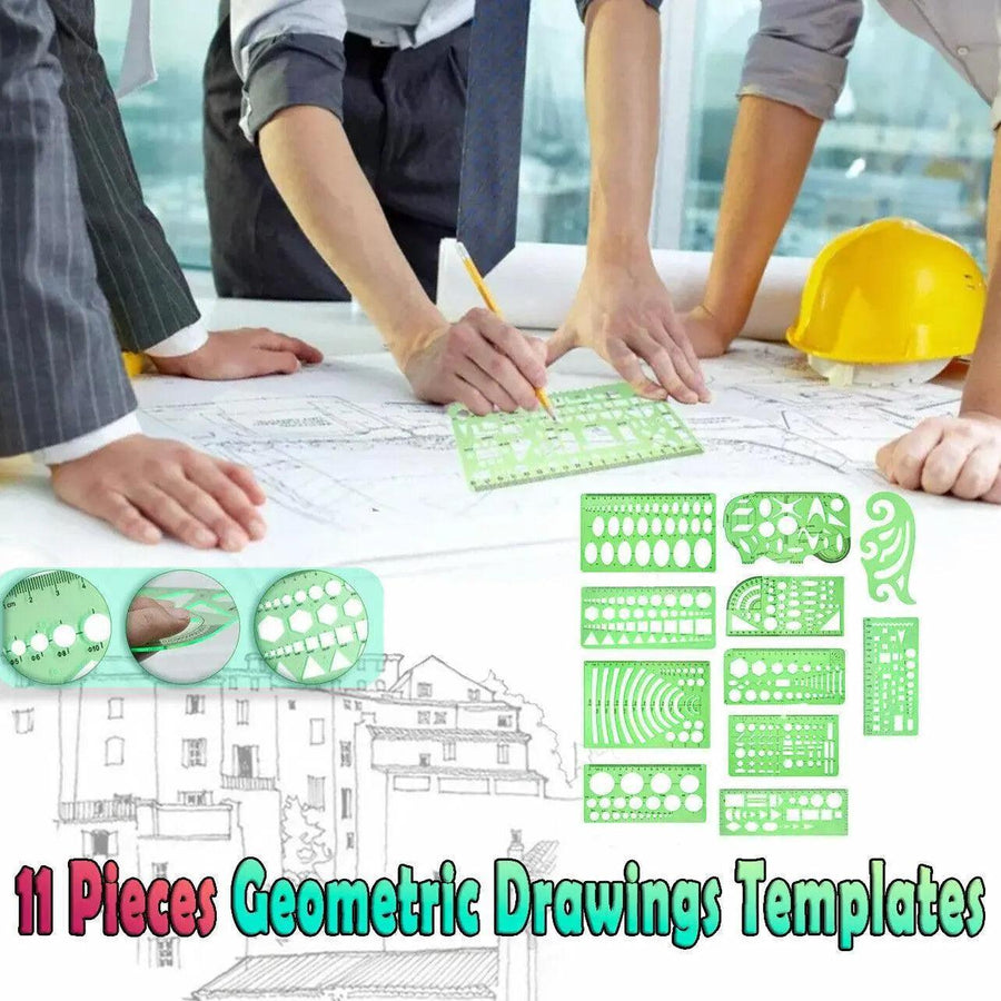 11Pc Geometric Template Ruler Stencil Set & Measuring Tool - Plastic Green - SuperSaverAU - view 1