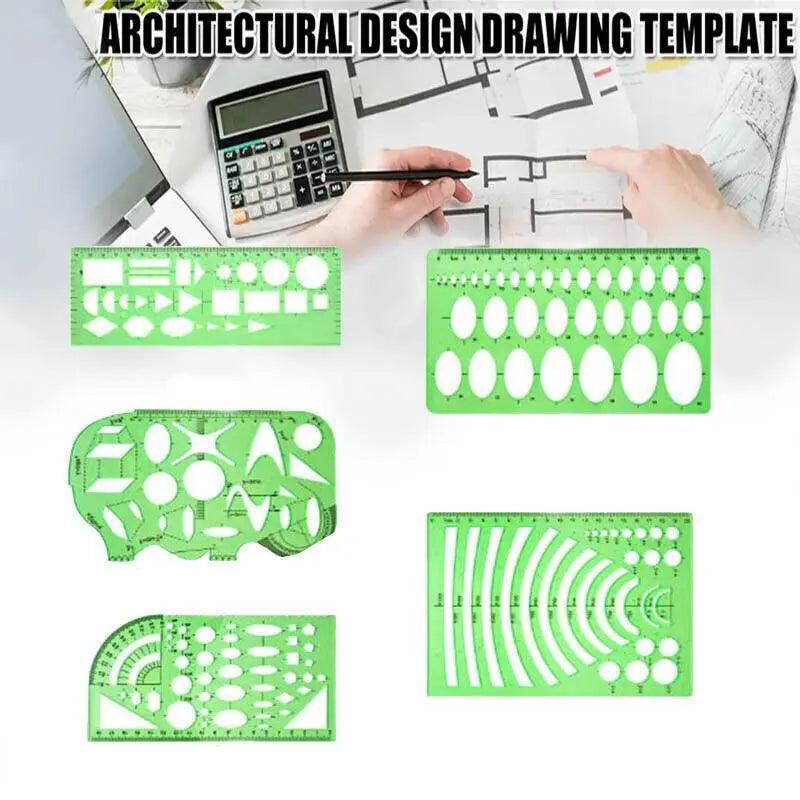 11Pc Geometric Template Ruler Stencil Set & Measuring Tool - Plastic Green - SuperSaverAU - view 3