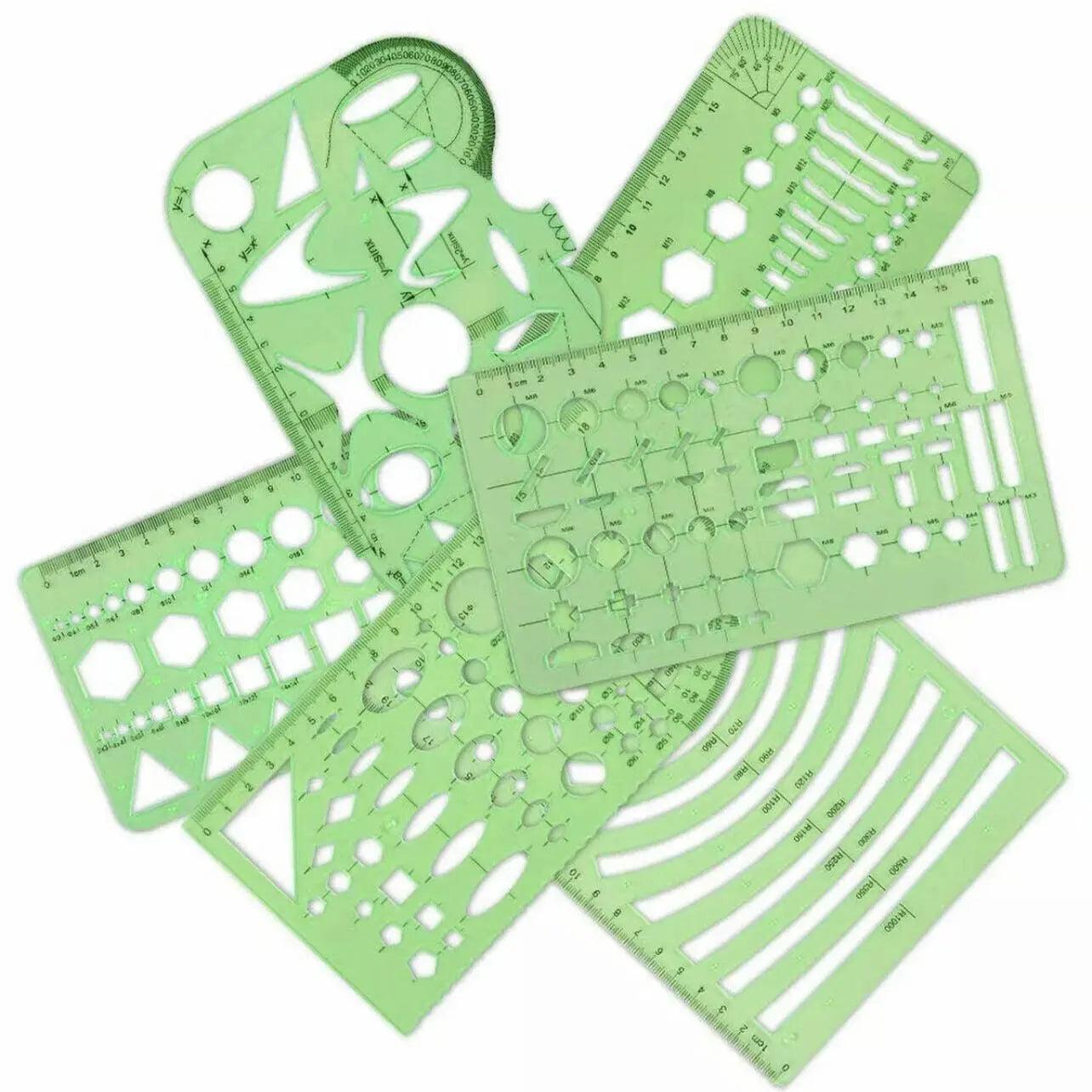 11Pc Geometric Template Ruler Stencil Set & Measuring Tool - Plastic Green