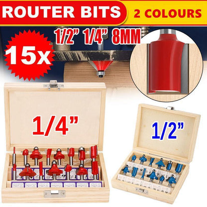 Red Router Bits Set - 15X 1/2 & 1/4 inch Tungsten Carbide for Woodworking