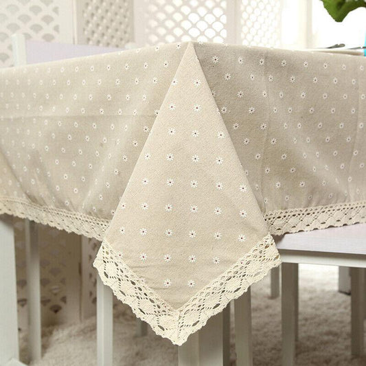 Floral Tablecloth with Lace Edge Cotton Linen Cover for Dining Table Square Rectangle - 90*140CM