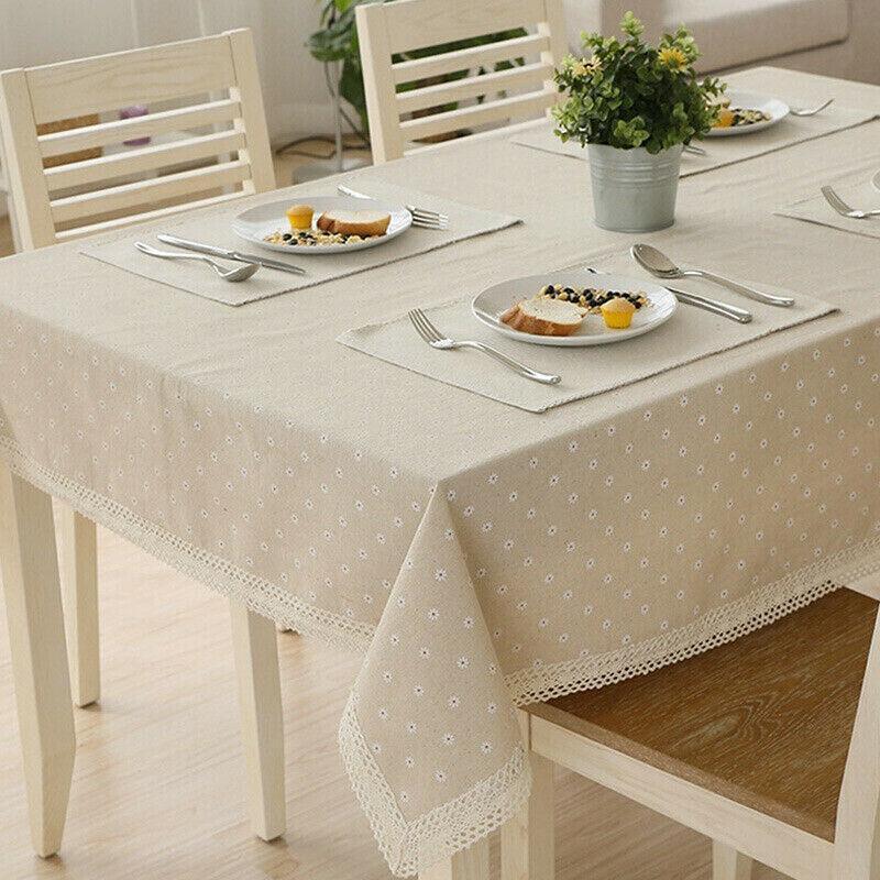 Floral Tablecloth with Lace Edge Cotton Linen Cover for Dining Table Square Rectangle - 90*140CM