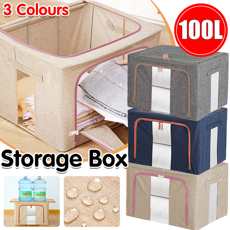 Premium 100L Grey Foldable Linen Storage Box with Steel Frame and Clear Window