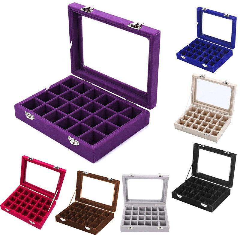 Premium Grey Velvet Jewellery Box 24 Grid Earring Organiser 20x15cm