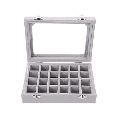 Premium Grey Velvet Jewellery Box 24 Grid Earring Organiser 20x15cm
