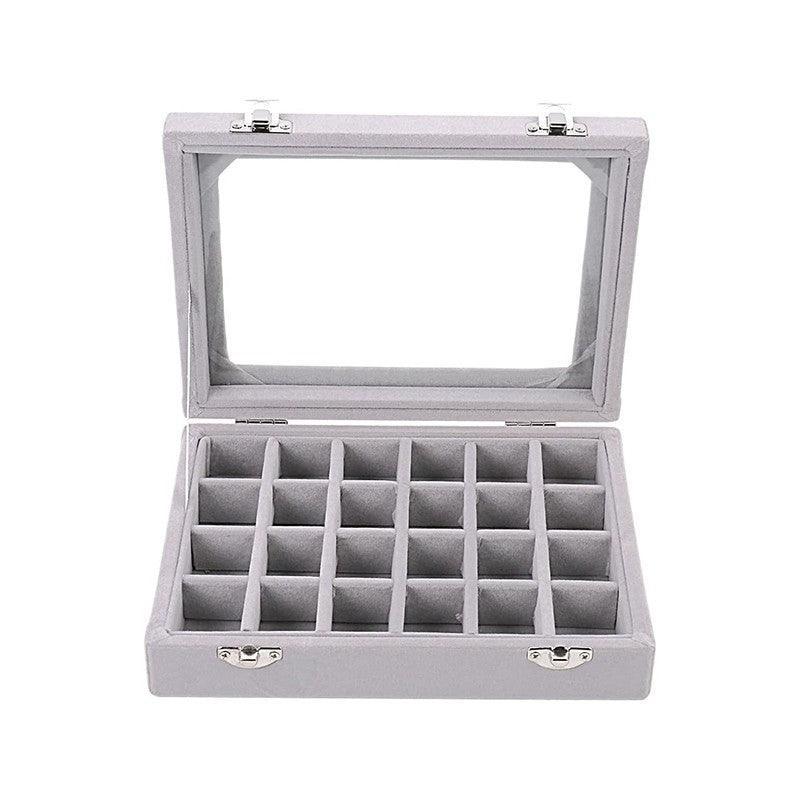Premium Grey Velvet Jewellery Box 24 Grid Earring Organiser 20x15cm