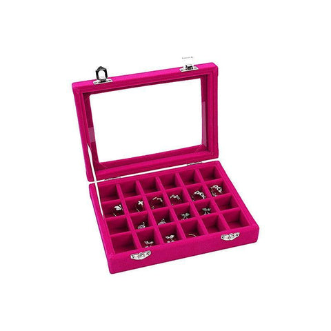 Premium Rose Red Velvet Jewellery Box 24 Grid Earring Organiser 20x15cm