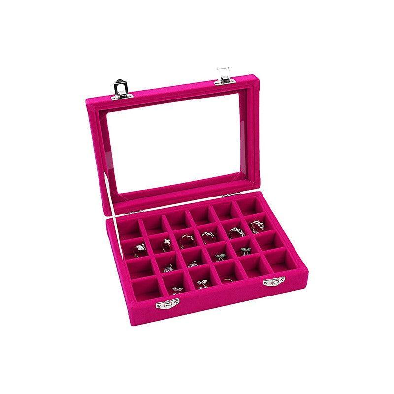 Premium Rose Red Velvet Jewellery Box 24 Grid Earring Organiser 20x15cm