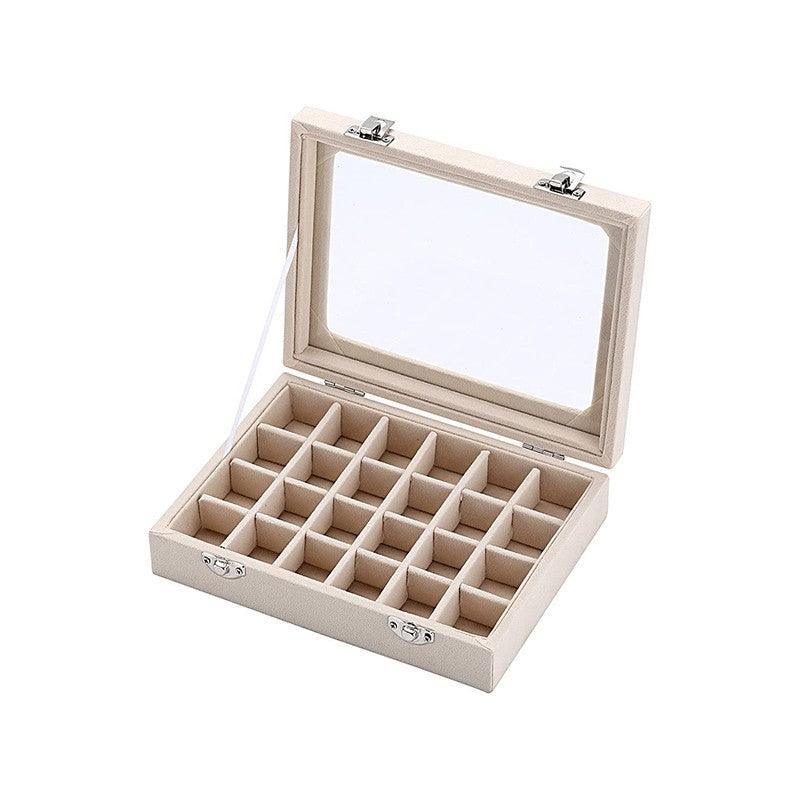 Premium Beige Velvet Jewellery Box 24 Grid Earring Organiser 20x15cm
