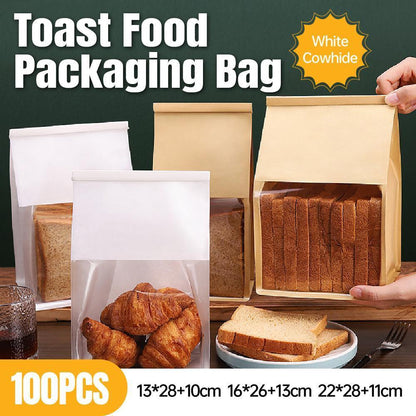 100pcs Kraft Paper Flat Bottom Bags with Window for Bread & Cake - 13x28+10cm
