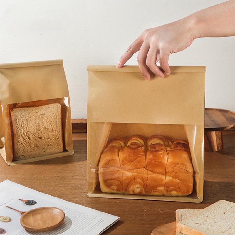 100pcs Kraft Paper Flat Bottom Bags with Window for Bread & Cake - 13x28+10cm