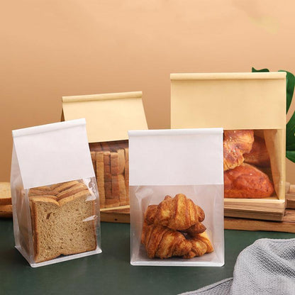 100pcs Kraft Paper Flat Bottom Bags with Window for Bread & Cake - 13x28+10cm