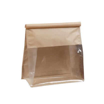 100pcs Kraft Paper Flat Bottom Bags with Window for Bread & Cake - 13x28+10cm