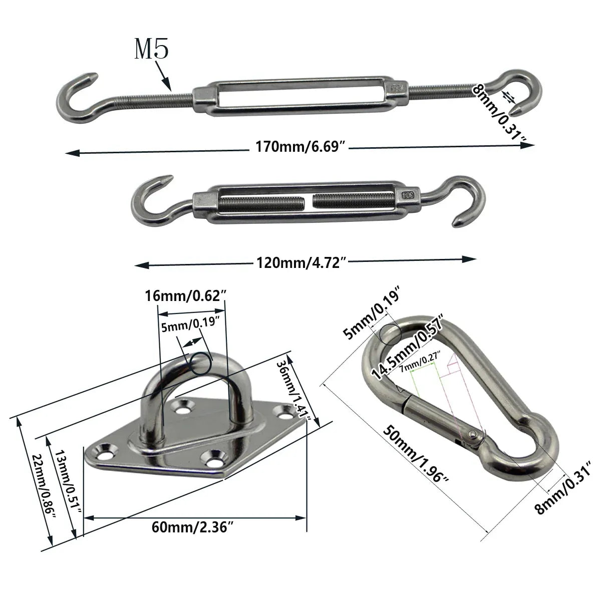 Premium Stainless Steel Shade Sail Fittings – 8 Piece Set