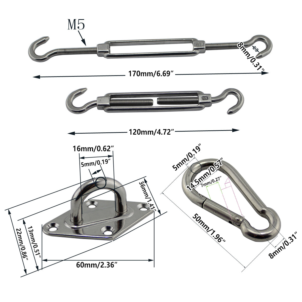 Premium Stainless Steel Shade Sail Fittings – 8 Piece Set