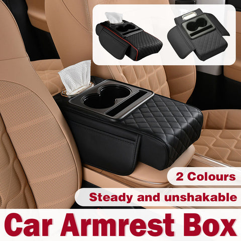 Premium Black Red Car Armrest Pad with Cup Holders and Storage Box