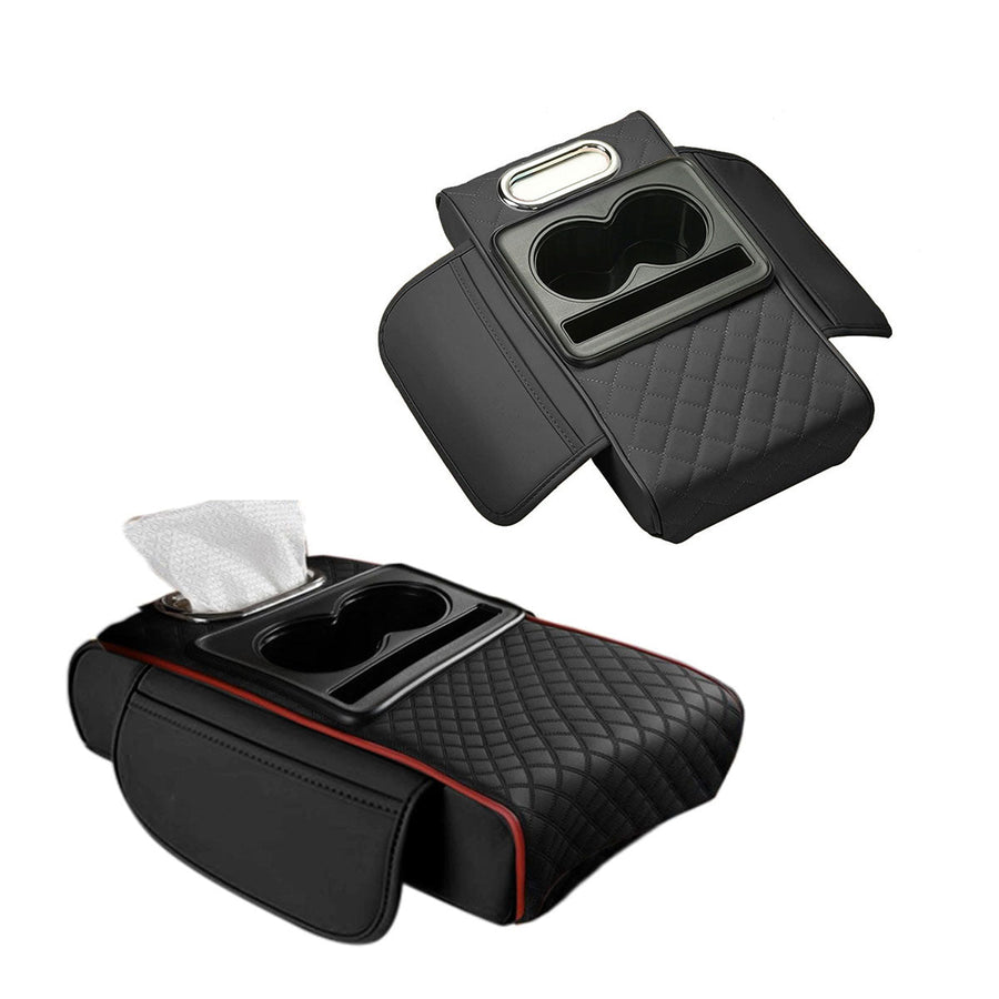 Premium Black Red Car Armrest Pad with Cup Holders and Storage Box