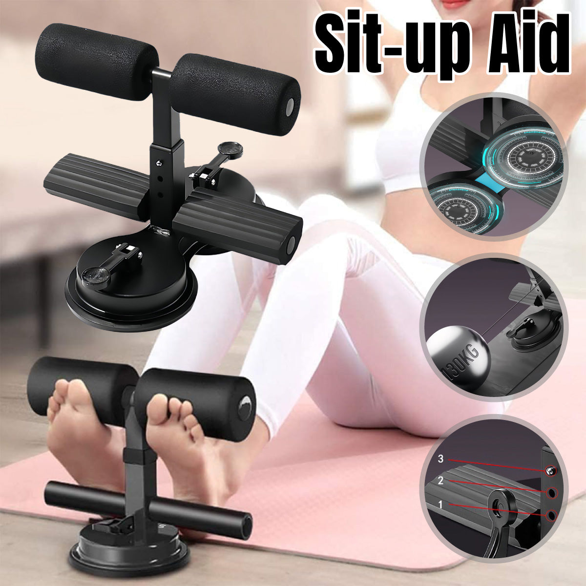 Premium Sit-Up Assistant Device with Suction Cups & 3 Height Levels - Black