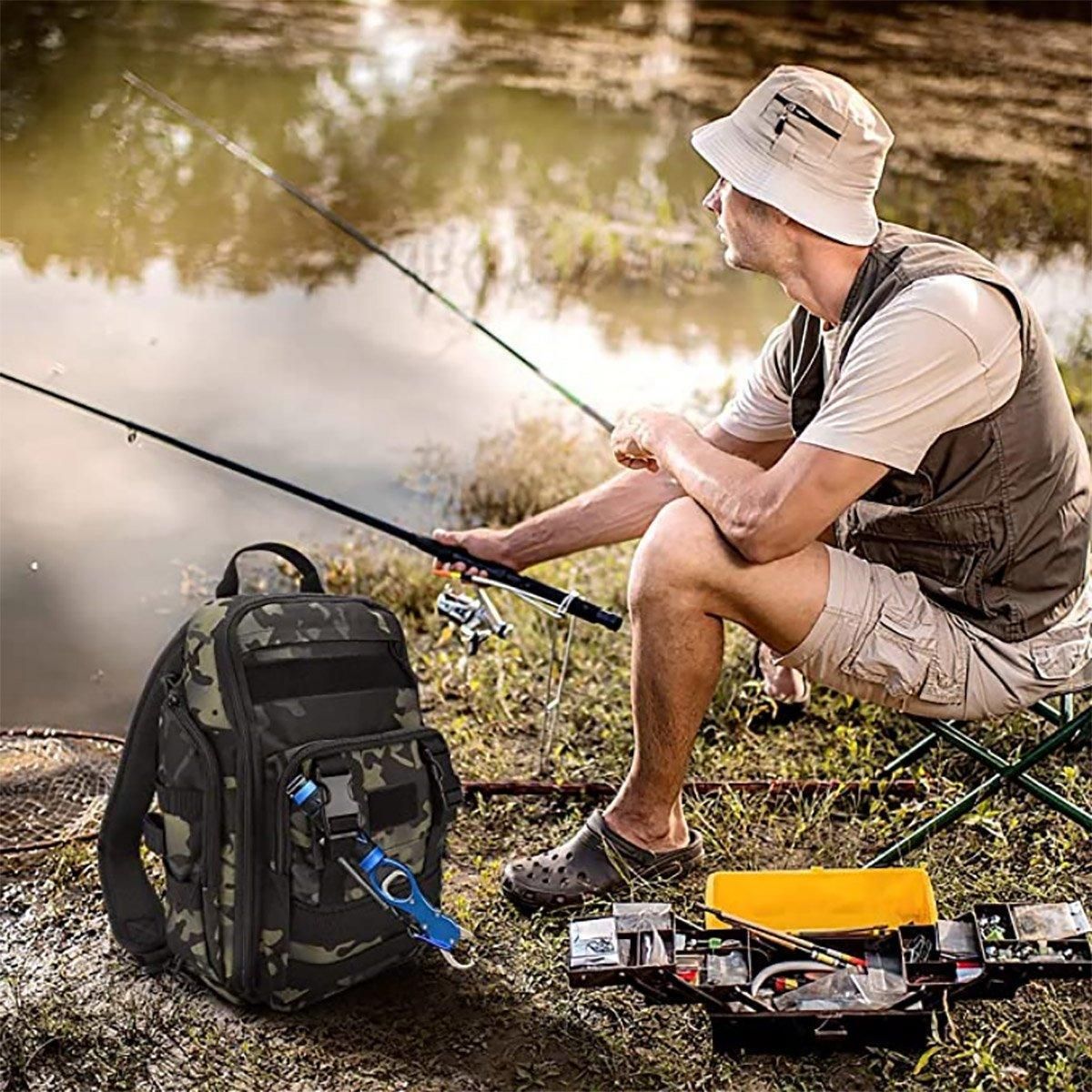 Premium Fishing Tackle Backpack – Night Camouflage with Rod Holders