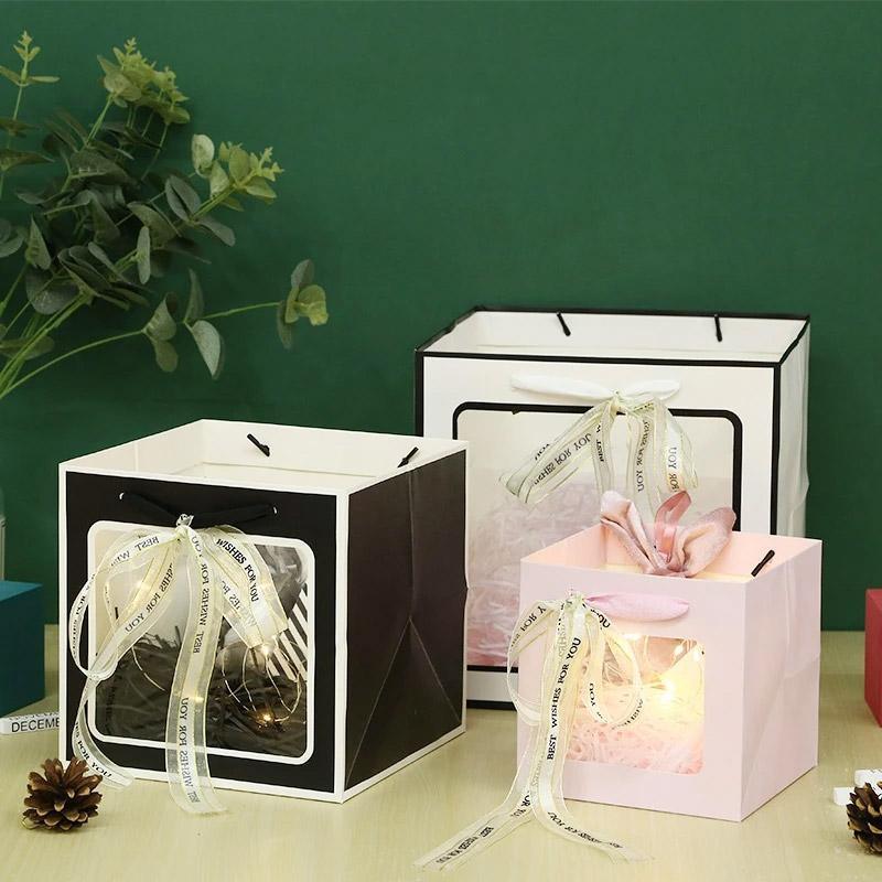 20PCS Open Window for Flower Doll Wedding Gift Transparent Square Packaging Bag - Pink 15-15-15cm