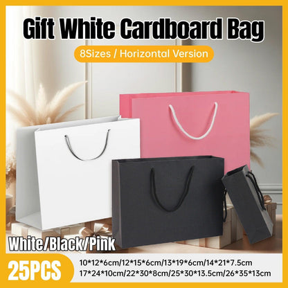 25X Kraft Paper Bags Gift Shopping Bag Carry White Pink Black Bag With Handles - Black-17-24-10
