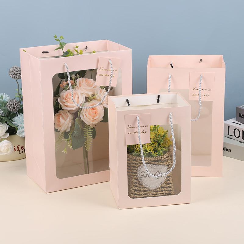 25x Thick Gift Bags with Transparent Window for Valentines Day Bouquets and Gift - Tote-Bag-25pcs-Red-18-13-25cm - SuperSaverAU - view 3