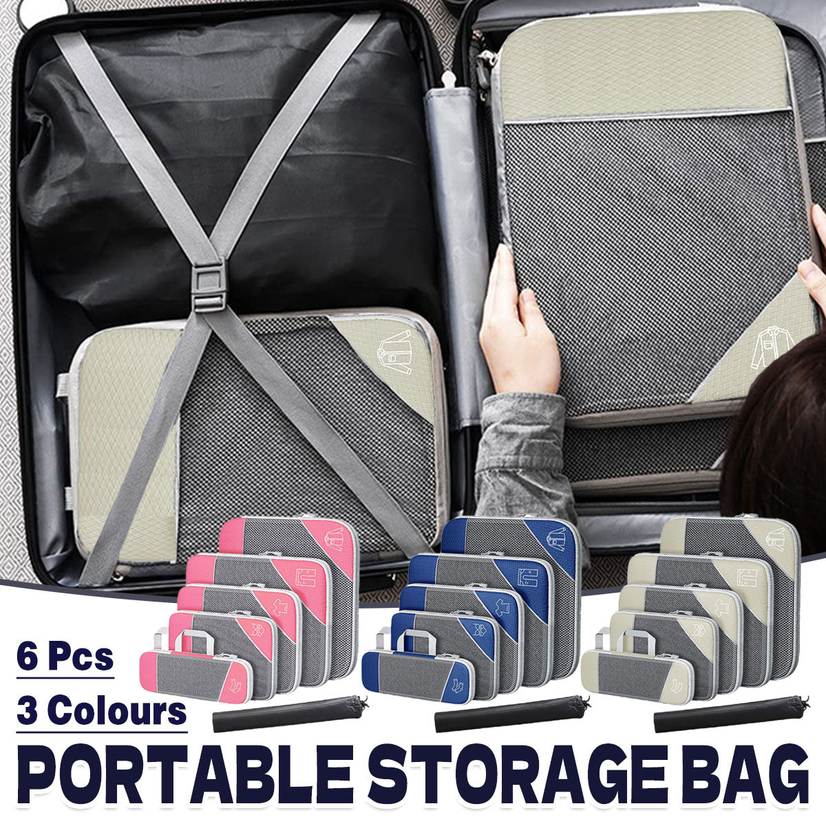 6PCS Compression Packing Cubes Set - Water-Resistant Nylon, Space-Saving, White - SuperSaverAU - view 1