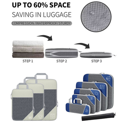 6PCS Compression Packing Cubes Set - Water-Resistant Nylon, Space-Saving, White
