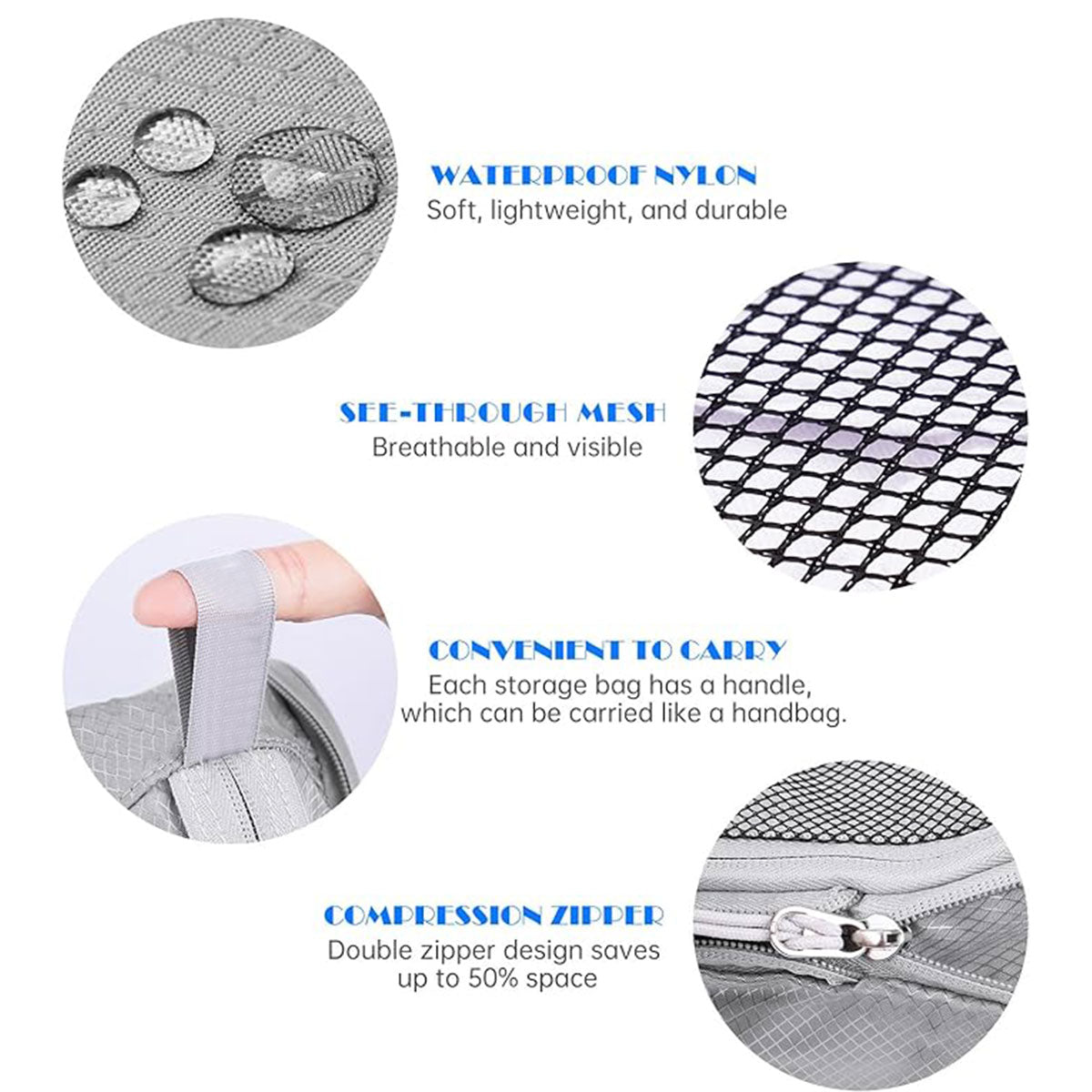 6PCS Compression Packing Cubes Set - Water-Resistant Nylon, Space-Saving, White