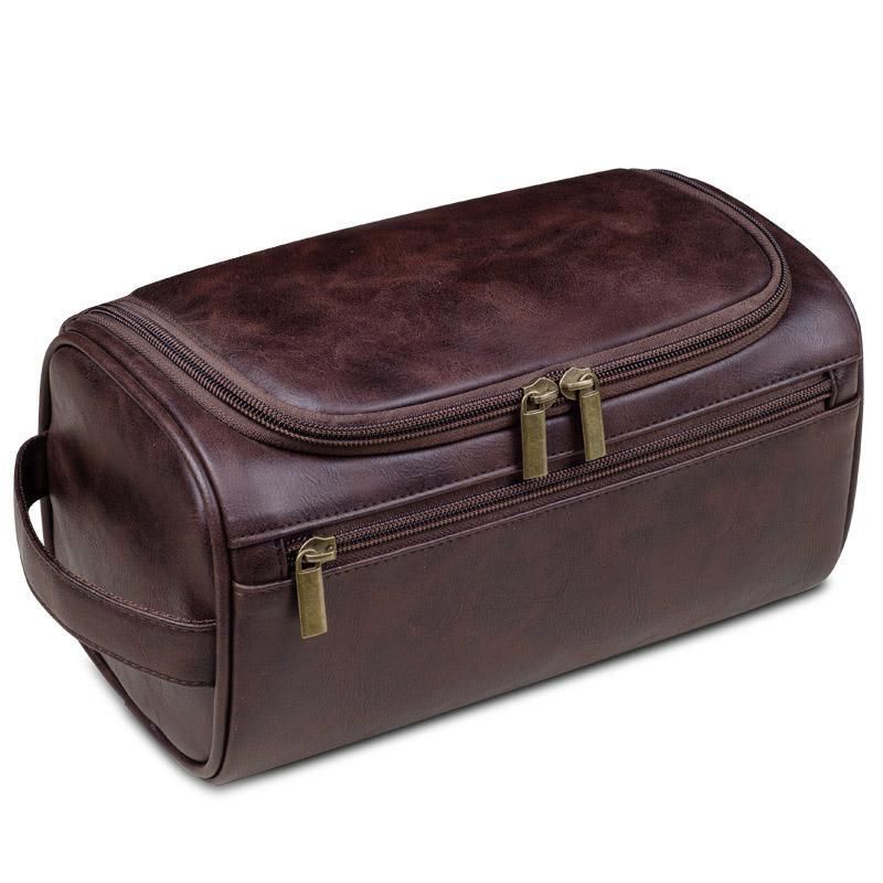 Premium Large PU Leather Waterproof Travel Toiletry Bag Brown 25x13x13cm