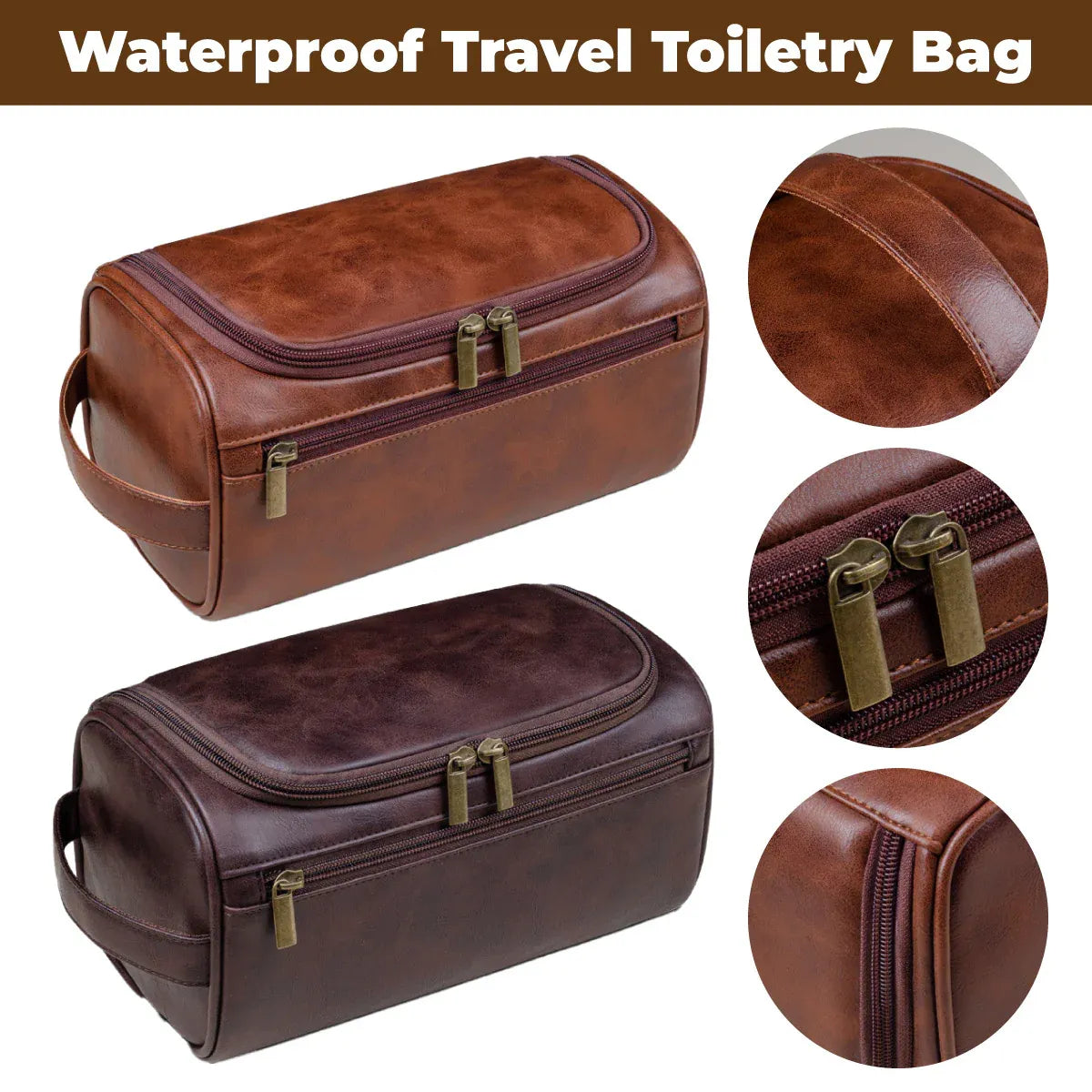 Premium Large PU Leather Waterproof Travel Toiletry Bag Brown 25x13x13cm