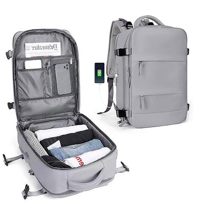 Waterproof Travel Backpack 15.6" Laptop Compartment USB Charging Grey